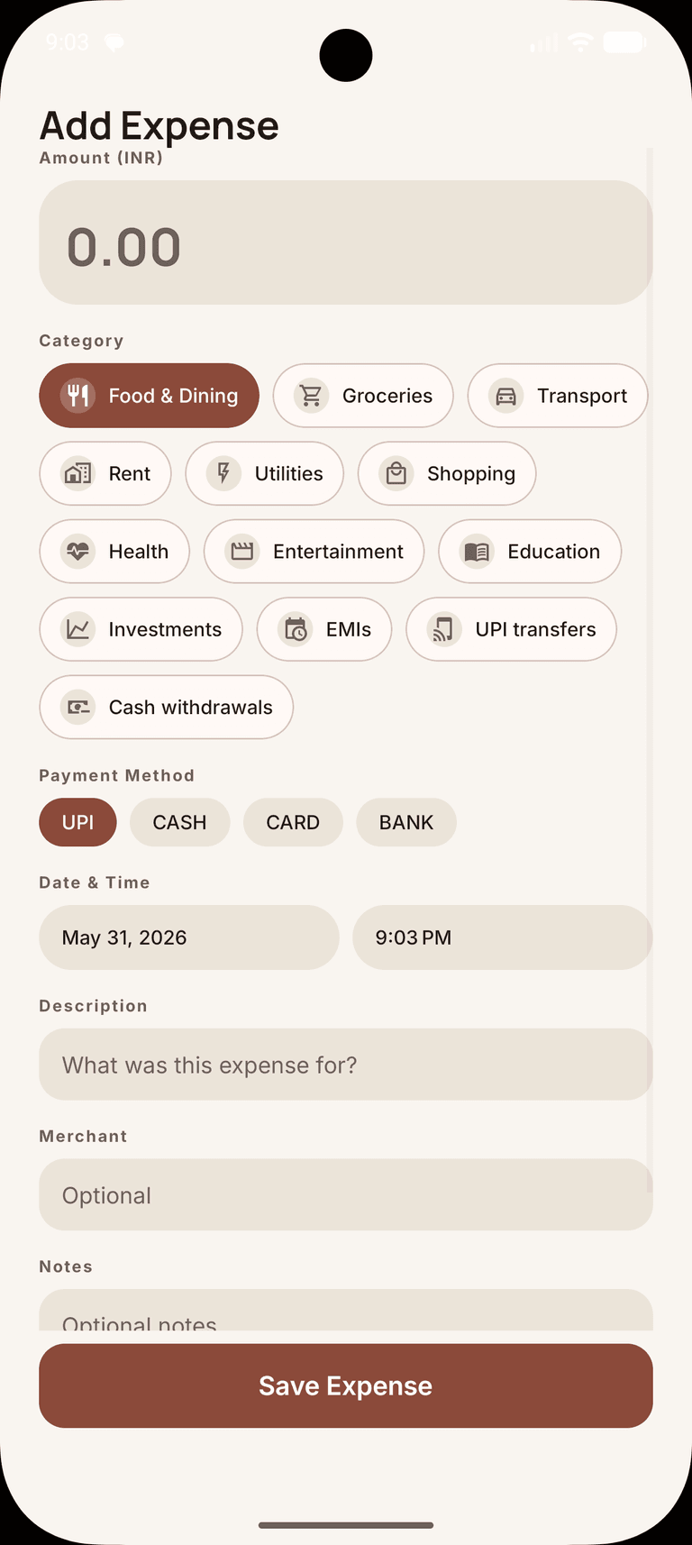 Add expense screen showing category selection