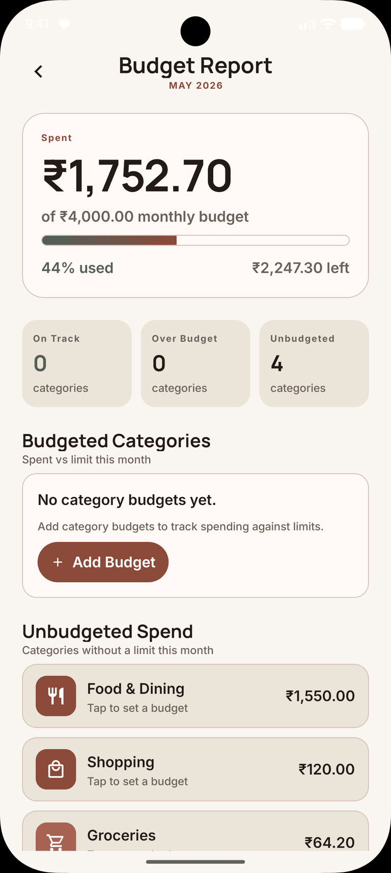 Budgets screen showing monthly limit and category budgets