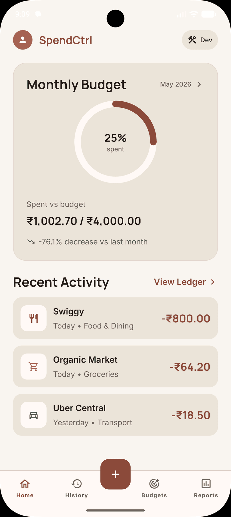 SpendCtrl expense tracker dashboard showing monthly budget progress and recent activity