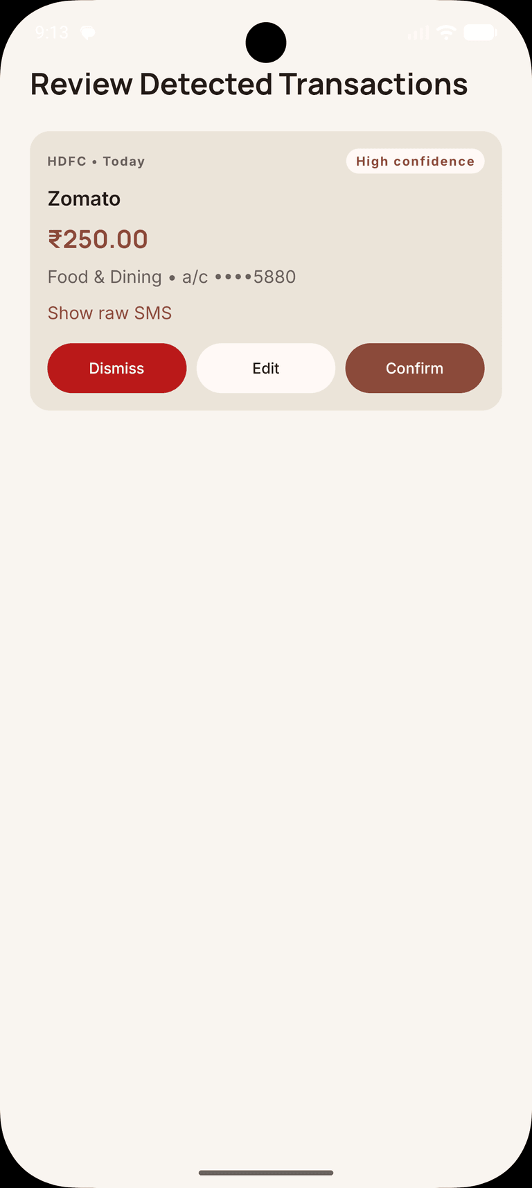 SMS review screen with parsed transactions ready to confirm