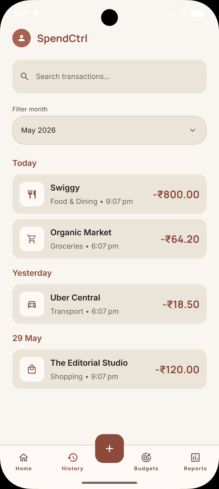 Transactions ledger screen with search and month filter